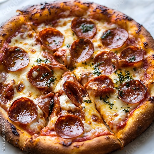 A hot cheesy pizza with golden crust generously on white background.
