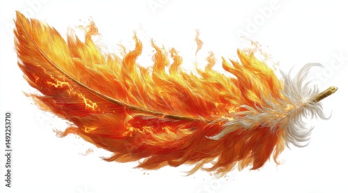 A vibrant feather engulfed in flames captures attention with its intricate details. The blend of fiery colors radiates heat, showcasing a surreal artistic interpretation of fantasy elements photo