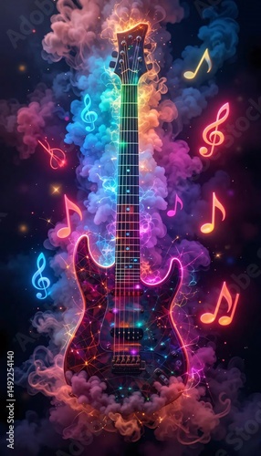 Neon Electric Guitar with Musical Notes in Colorful Smoke and Sparks – High Detail Dreamy Background