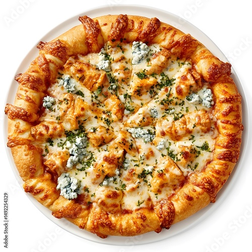 A rich cheesy pizza with a blend of mozzarella cheese on white background.