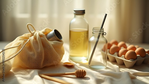 Sunlit Kitchen Still Life: Eco-Friendly Jars, Eggs, and Reusable Bag