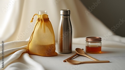 Sustainable Lifestyle Still Life: Honey, Reusable Bag, and Water Bottle