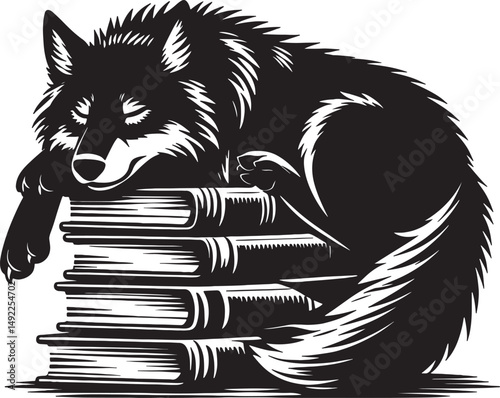 A black and white illustration of a wolf sleeping on a stack of several books