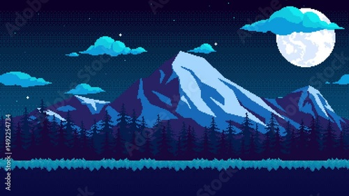 Pixel animation of mountains with clouds and moon at night. Pixel art animated background, old school video game style 8 bit.