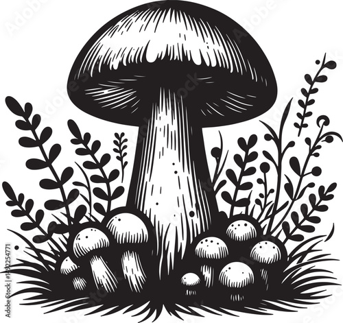 A black and white illustration of mushrooms and plants in a forest setting art