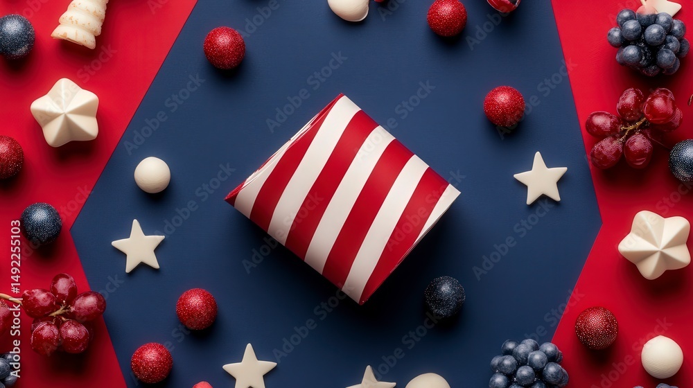 Obraz premium Festive Red and Blue Holiday Gift with Candy and Decorations on a Colorful Background