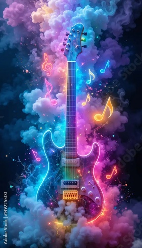 Neon Electric Guitar with Musical Notes in Colorful Smoke and Sparks – High Detail Dreamy Background