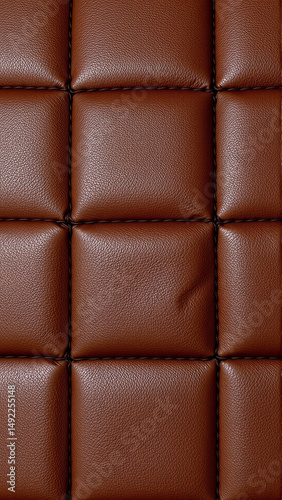 The surface texture of artificial leather is brown, stitched in the form of diamonds, squares, rectangles. Quilted eco-leather. 