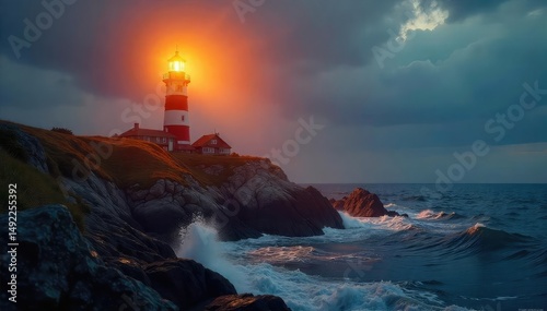 Golden light erupts, illuminating a lighthouse beacon , lighthouse, ray, travel