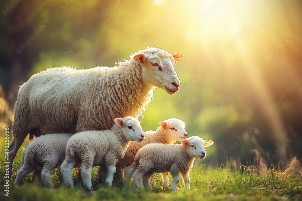 Obraz premium A Tranquil Pastoral Scene Featuring a Mother Sheep and Her Four Adorable Lambs in a Sunlit Meadow Surrounded by Lush Greenery and Soft Golden Light