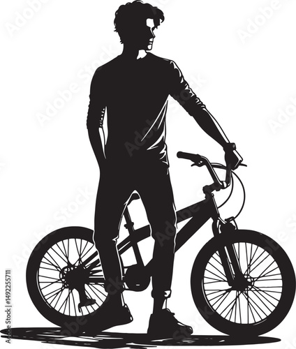 A silhouette of a man standing with a bicycle against a white background art style