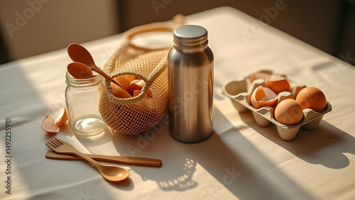 Rustic Still Life: Eggs, Wooden Utensils, and Reusable Bottle