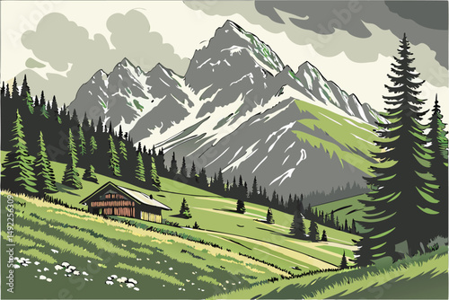 113 mountainous landscape, alpine meadow, lush green vegetation, snow-capped peaks, dramatic cloudy sky, evergreen forest, traditional alpine hut, serene atmosphere, scenic countryside, idyllic scener