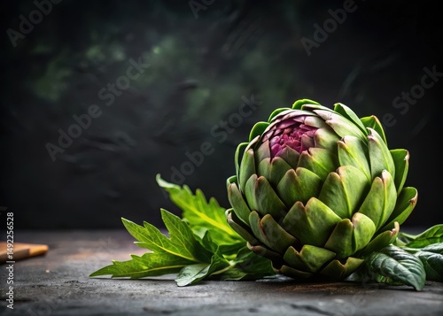 Artichoke on black background with leafy green top