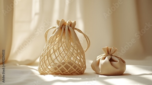 Beige Eco-Friendly String Bags and Pouches on Soft Fabric