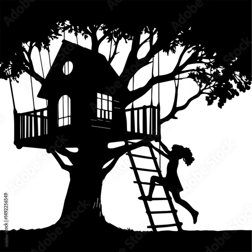 A black and white silhouette of a girl climbing a ladder into a treehouse on a white isolated background. Vector graphics. EPS.
