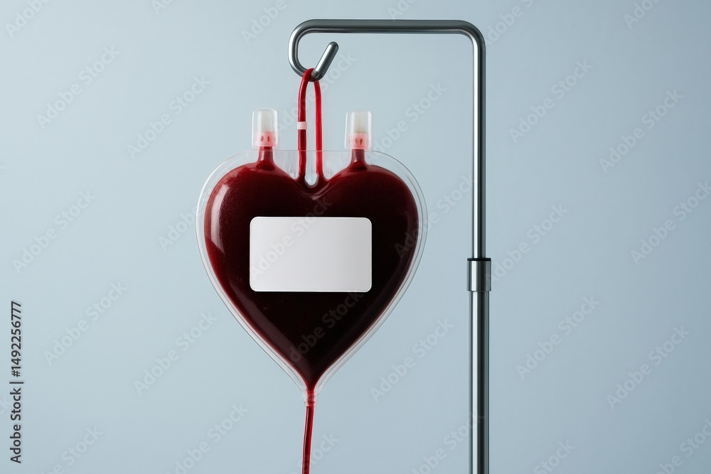 Obraz premium Heart-Shaped Blood Bag Hanging on IV Drip, a symbolic illustration of donating love, health, and the life-saving process of blood transfusion.