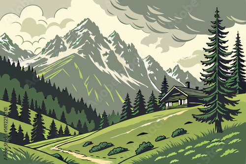 113 mountainous landscape, alpine meadow, lush green vegetation, snow-capped peaks, dramatic cloudy sky, evergreen forest, traditional alpine hut, serene atmosphere, scenic countryside, idyllic scener