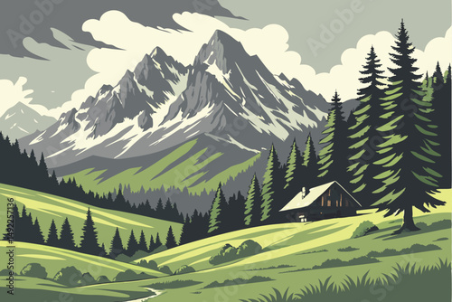113 mountainous landscape, alpine meadow, lush green vegetation, snow-capped peaks, dramatic cloudy sky, evergreen forest, traditional alpine hut, serene atmosphere, scenic countryside, idyllic scener