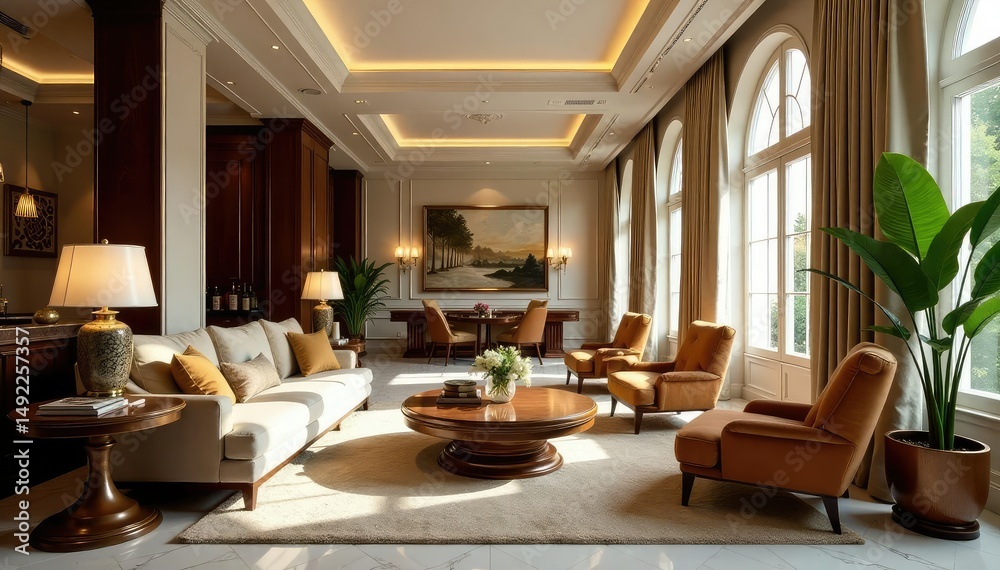 Fototapeta premium Luxurious hotel lobby with comfortable seating and elegant decor , plant, modern design