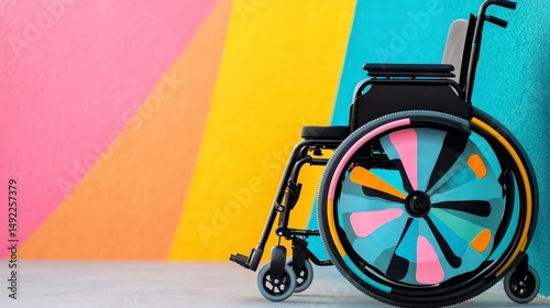 Colorful Wheelchair Against Vibrant Background Showcasing Accessibility and Inclusivity in Modern Design