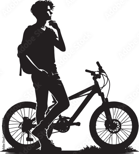 Silhouette of a man with a backpack leaning on a bicycle in a thoughtful pose outdoors