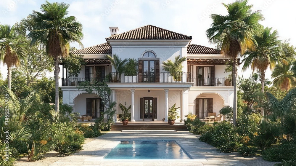 Fototapeta premium Large elegant two-story villa with tile roof surrounded by lush greenery and palm trees under a bright sky with a rectangular swimming pool in front