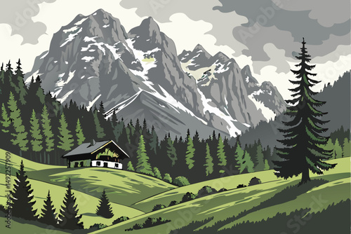 113 mountainous landscape, alpine meadow, lush green vegetation, snow-capped peaks, dramatic cloudy sky, evergreen forest, traditional alpine hut, serene atmosphere, scenic countryside, idyllic scener