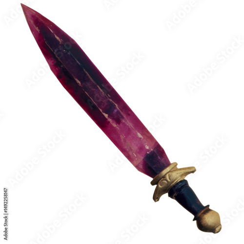 Violet sword with golden hilt close up, cut out transparent