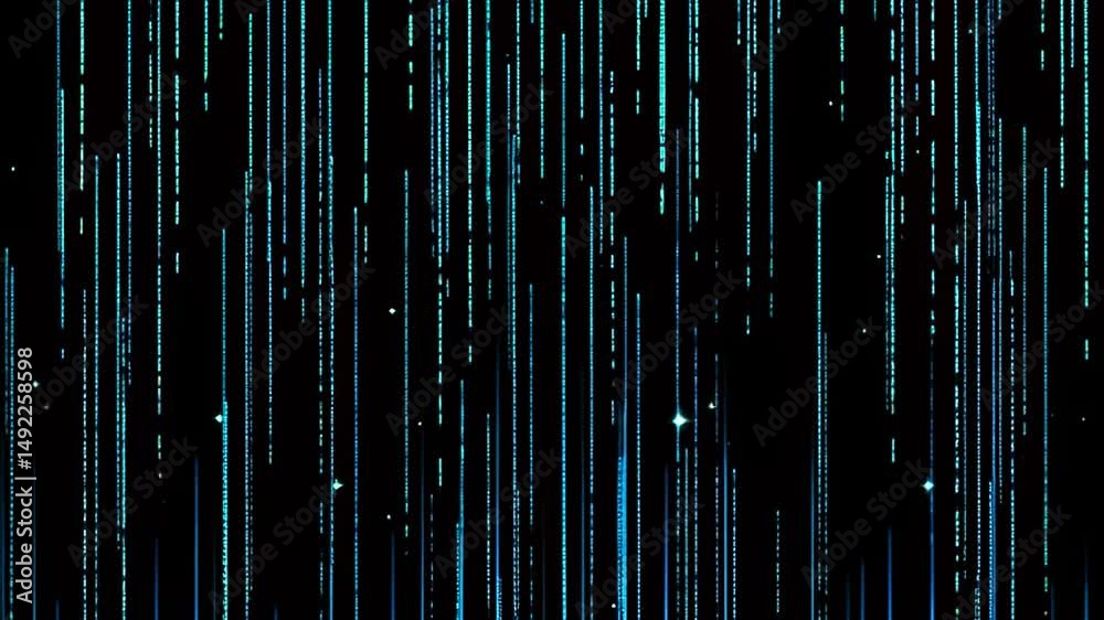 Falling digital lines on dark background creating a futuristic data stream effect, ideal for cyber, coding, AI, and tech visualization concepts.