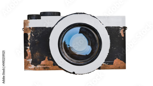 Old camera with distressed surface, cut out transparent