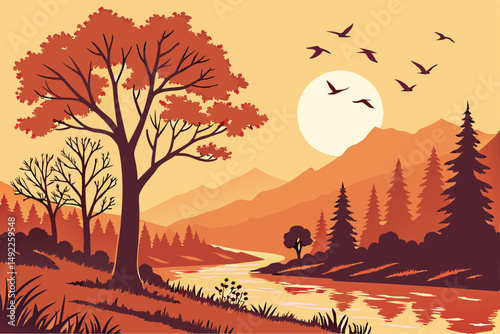 114 autumn landscape, scenic nature landscape, sunset river reflection, lake shore water reflected, fall trees silhouettes, birds flying in sky, mountainous forest scenery, dramatic sky with moon, rea