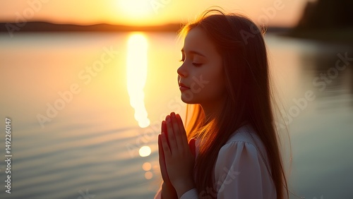 Silhouette Girl Praying Sunset Beach Peaceful Meditation