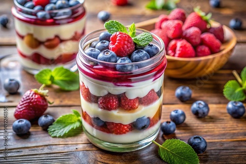 Two dessert jars filled with blueberries, strawberries, and whipped cream