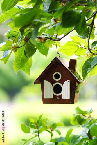 A tree in the garden has a small gray wooden dwelling for birds hanging from it