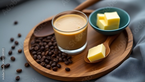 Buttery Coffee Drink with Coffee Beans on Wooden Tray