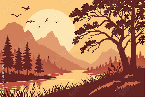 114 autumn landscape, scenic nature landscape, sunset river reflection, lake shore water reflected, fall trees silhouettes, birds flying in sky, mountainous forest scenery, dramatic sky with moon, rea