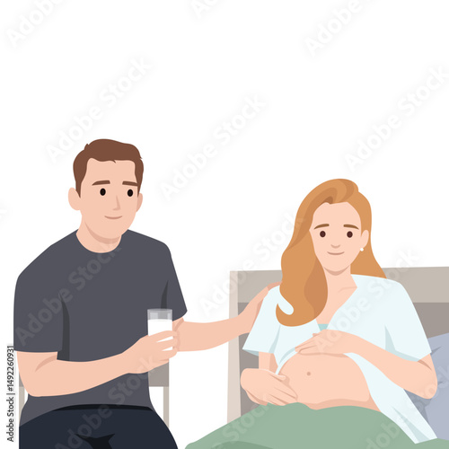 Supportive man offers a glass of milk to a pregnant woman resting in bed. Flat vector illustration isolated on white background