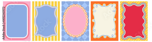 Set of colorful frames with wavy edges. Ornaments, patterns. Doodle, cute retro borders. Design for card, invitation, cover, packaging.