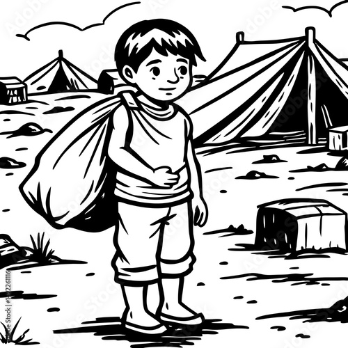 Young refugee boy carrying bag near refugee camp