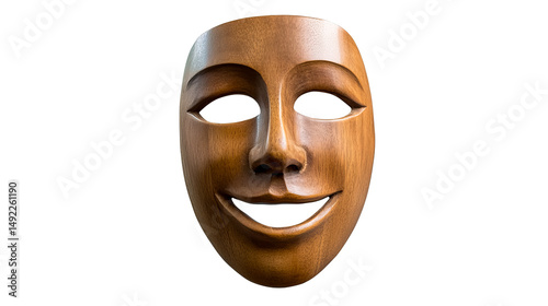 Wooden smiling face mask, expressive craft carving, cut out transparent
