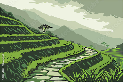 115 dramatic scenic landscape, lush vibrant green rice terraces, winding stone pathways, shrouded in misty clouds, mountains in the distance, tranquil serene atmosphere, organic natural textures, deta
