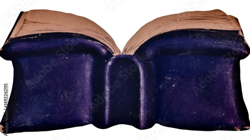 Open vintage book with worn pages and blue cover, cut out transparent