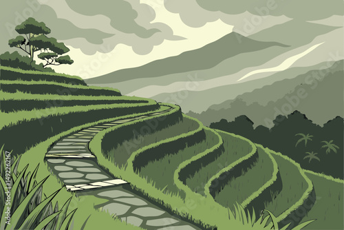 115 dramatic scenic landscape, lush vibrant green rice terraces, winding stone pathways, shrouded in misty clouds, mountains in the distance, tranquil serene atmosphere, organic natural textures, deta