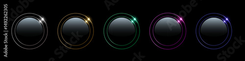 Color neon light round frames. Futuristic colorful vibrant glowing buttons. Abstract vector illustrations set for UI design, sci-fi elements, modern tech interfaces.