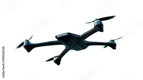 Isolated dark quadcopter with rotating propellers, cut out transparent