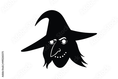 Silhouette art illustration of a witch?s face with big nose and warts.eps