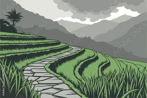 115 dramatic scenic landscape, lush vibrant green rice terraces, winding stone pathways, shrouded in misty clouds, mountains in the distance, tranquil serene atmosphere, organic natural textures, deta