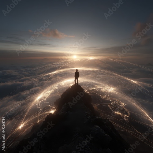 A person stands confidently on a mountain peak, gazing at a breathtaking sunset. Light trails connect distant landscapes, symbolizing adventure and exploration in the twilight sky