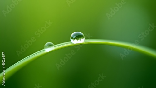 Macro Photography of Dewdrops on Grass Blade Reflecting Nature